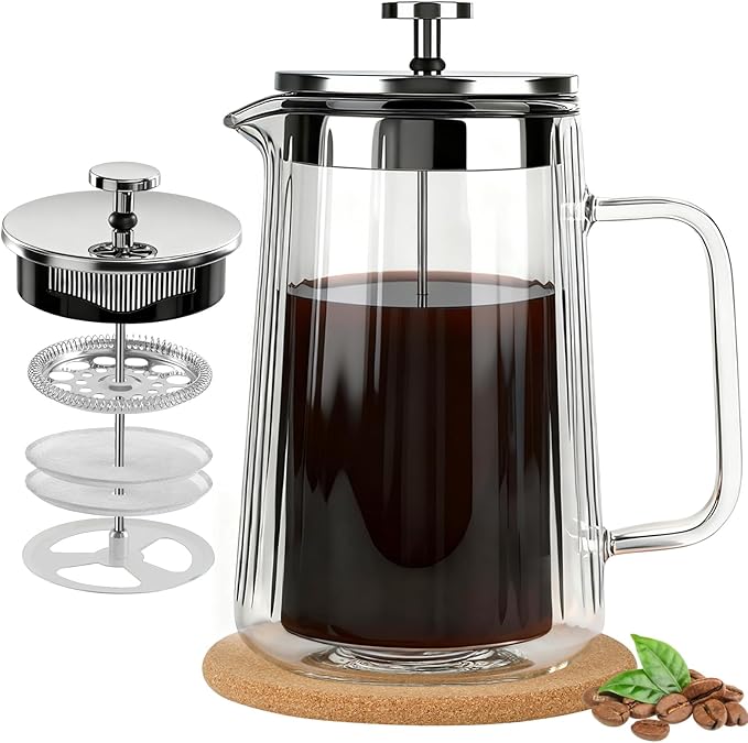 Glass French Press Coffee Maker 34oz Double Wall Heat-Resistant Borosilicate Glass Coffee Press with Stainless Steel 4-Level Filtration Also Fit for Tea