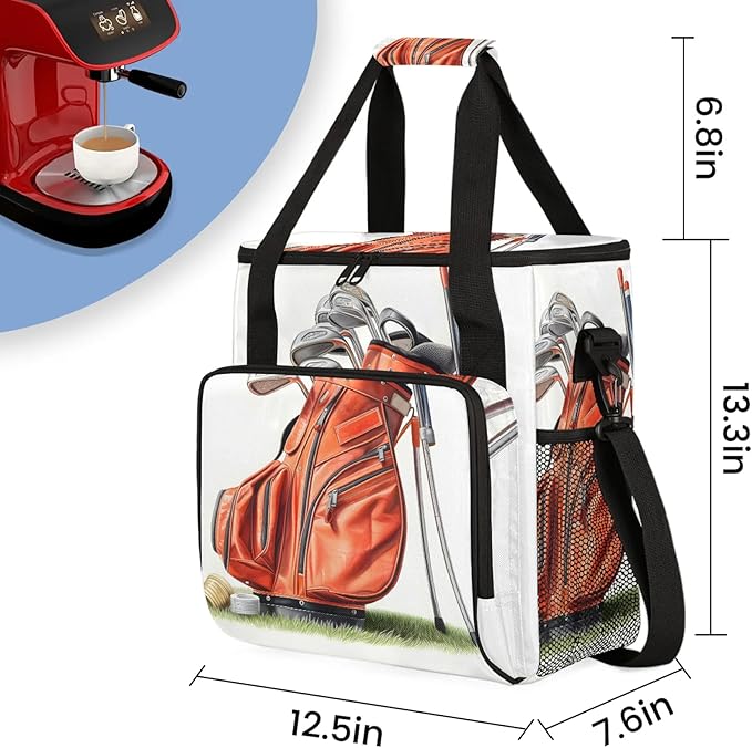 Golf Themed Coffee Maker Carring Bag Large Insulated Storage Organizer Case Tote Bags with Shoulder Strap for Travel Work Picnic