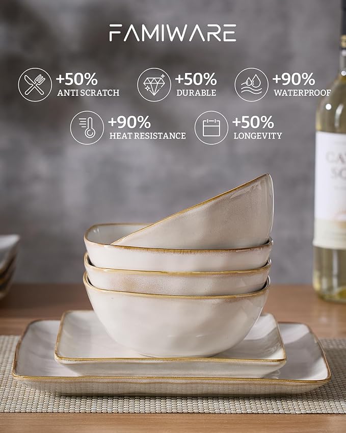 Famiware Dinnerware Sets for 4 Ocean Square 12-Piece Kitchen Plates and Bowls Sets Reactive Glaze Microwave and Dishwasher Safe Scratch Resistant Cappuccino White