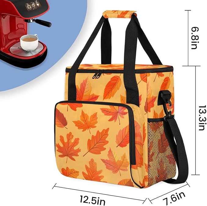 Autumn Leaves Theme Coffee Maker Travel Bag for Keurig K-Mini/K-Mini Plus Insulated Waterproof Tote with Pockets for K-Cup Portable Single-Serve Brewer Case