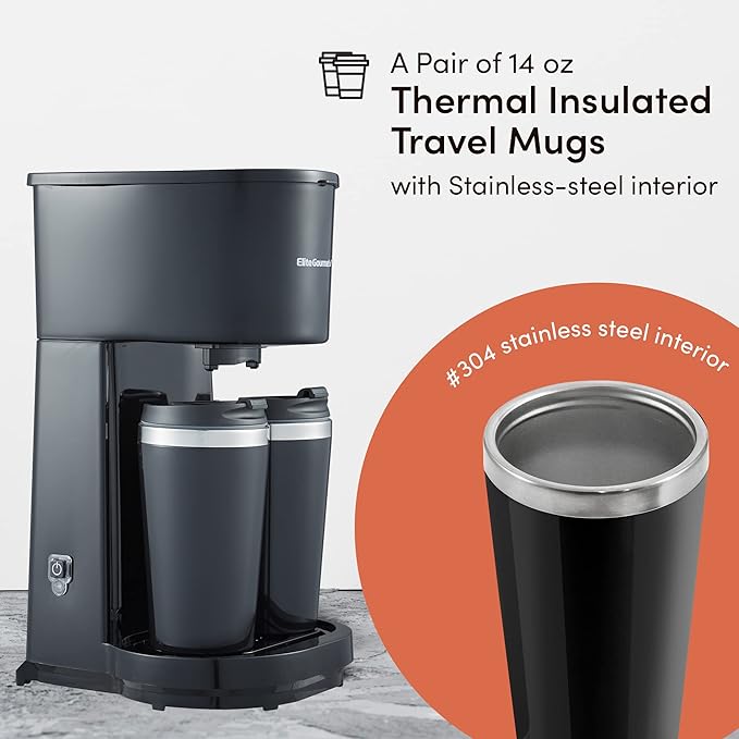 Elite Gourmet EHC116 Dual Drip Double Coffee Maker Brewer Includes Two 14 Oz Stainless Steel Interior Thermal Travel Mugs Compatible with Coffee Grounds Reusable Filter Black