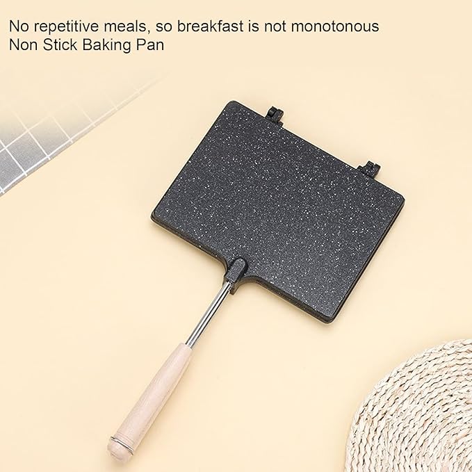Non Stick Hand Maker Multifunctional Double Sided Toaster with Removable Wooden Handle Ideal for Home Breakfast