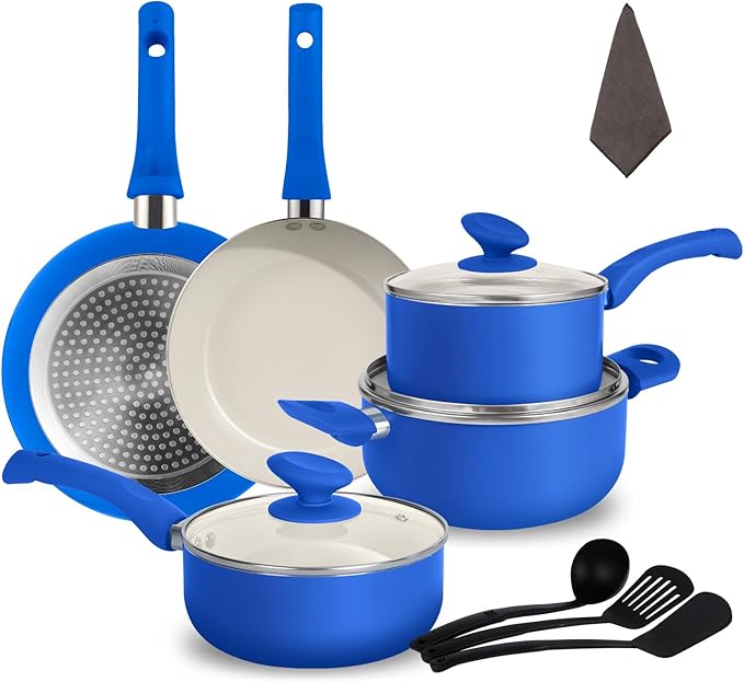 12-Piece Pots and Pans Set Nonstick Ceramic Cookware Set with Stay-Cool Bakelite Handles Non-Toxic Induction Cooking Set Cobalt Blue Kitchen Essentials PFOA &amp PTFE Free
