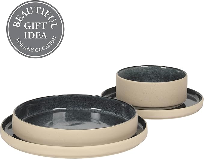Gibson Elite Liberty Bay 16-Piece Pottery Clay Stoneware Dinnerware Set – Blue Reactive Glaze Stackable Plates and Bowls W/Pasta Bowl Service for 4 – Microwave &amp Dishwasher Safe