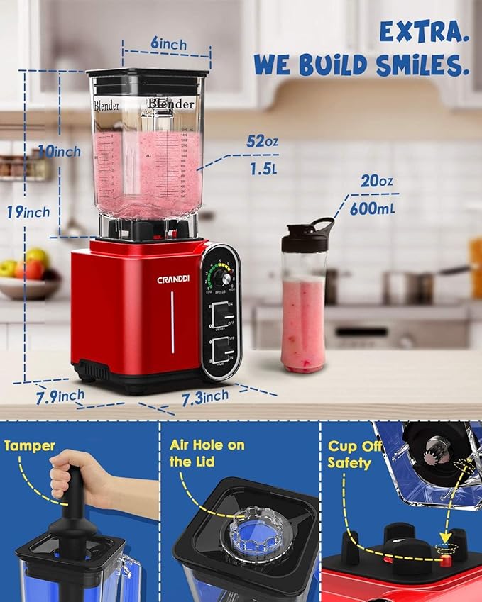CRANDDI Smoothie Blender 52oz 1800 Watt commercial blender professional blenders Stainless Steel Blade 9 Speed &amp Self-Cleaning Build-in Pulse K98C Red