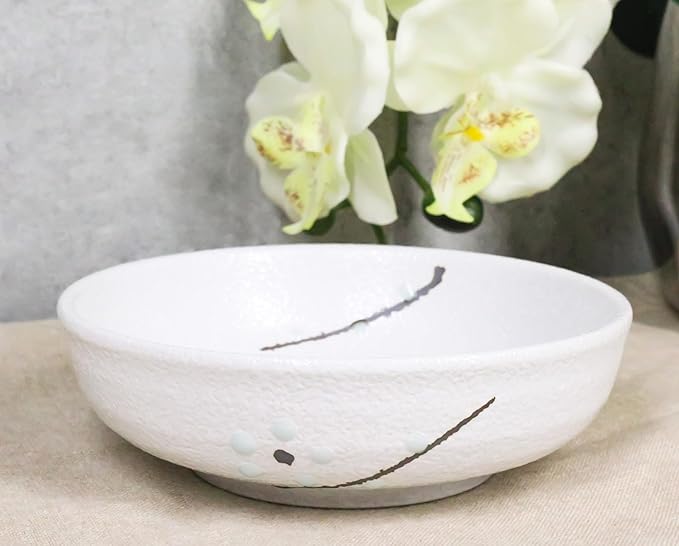 Ebros Gift Modern Yukino Hana Snow Flowers Ceramic Dinnerware Serveware Kitchenware Set Oriental Asian Restaurant Supply (Pack Of 5 Soup Salad Rice Shallow Bowls Deep Plates 10oz)