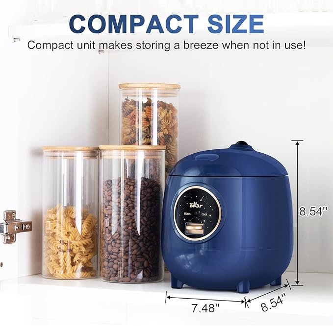 Bear Mini Rice Cooker 2 Cups Uncooked 1.2L Portable Non-Stick Small Travel Rice Cooker BPA Free One Button to Cook and Keep Warm Function Blue