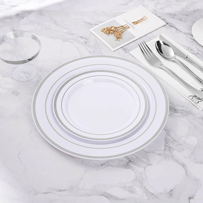 BESTVIP 200PCS Silver Plastic Plate Disposable Party Plates with 100 Dinner Plates and 100 Dessert Plates Plastic Plates for Party Wedding and Birthday