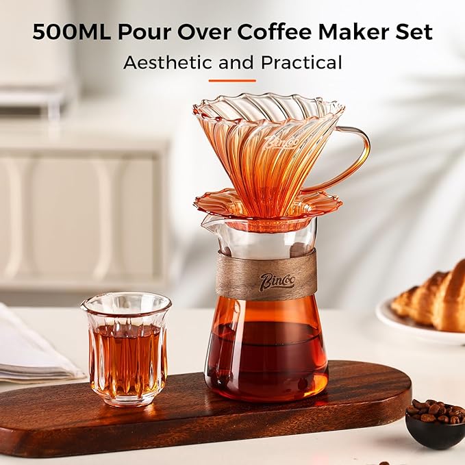 Bincoo Pour Over Coffee Maker Set - 500ML Glass Coffee ServerGlass Carafe with Coffee Dripper and 50PCS Paper Filter Drip Coffee Maker Set for Home Café Restaurant (Orange)