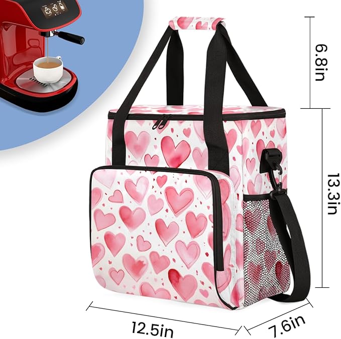 White Pink Heart Coffee Maker Carrying Bag Portable Travel Storage Tote Bag Compatible with K-Mini or K-Mini Plus Single Serve Coffee Brewer Carrying Case with Multiple Pockets &amp Shoulder Strap