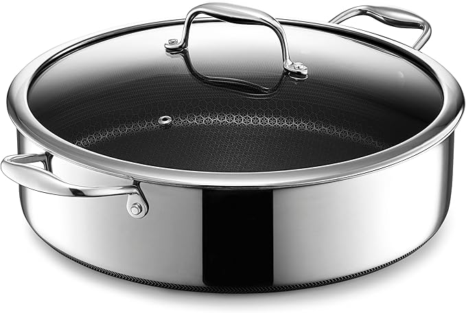 HexClad Hybrid Nonstick 4-Piece Cookware Set 7Qt Chicken Fryer with Lid and 12 Pan with Lid Stay-Cool Handles Dishwasher and Oven-Safe Induction Ready Compatible with All Cooktops