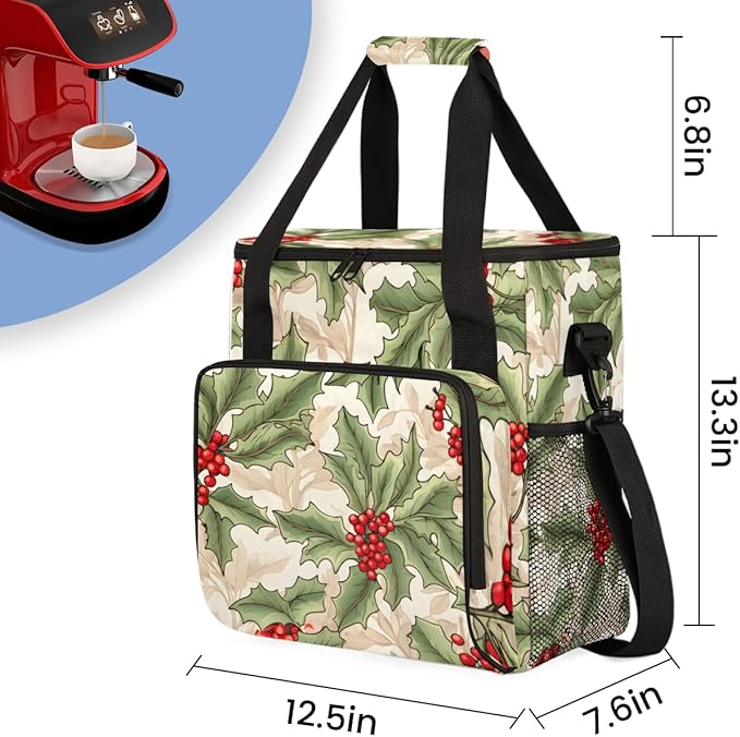 Christmas Flowers Coffee Maker Carrying Bag Glitter Flowers Travel Storage Bag Compatible with K-Mini or K-Mini Plus Single Serve Coffee Brewer Carrying Case with Multiple Pockets &amp Shoulder Str