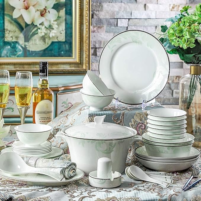 Dining Plate Set Ceramics Dinnerware Set with 46-Piece Bowl/Stockpot/Dish/Spoon|Bone China Dinner Sets Fresh Green Porcelain Combination Set
