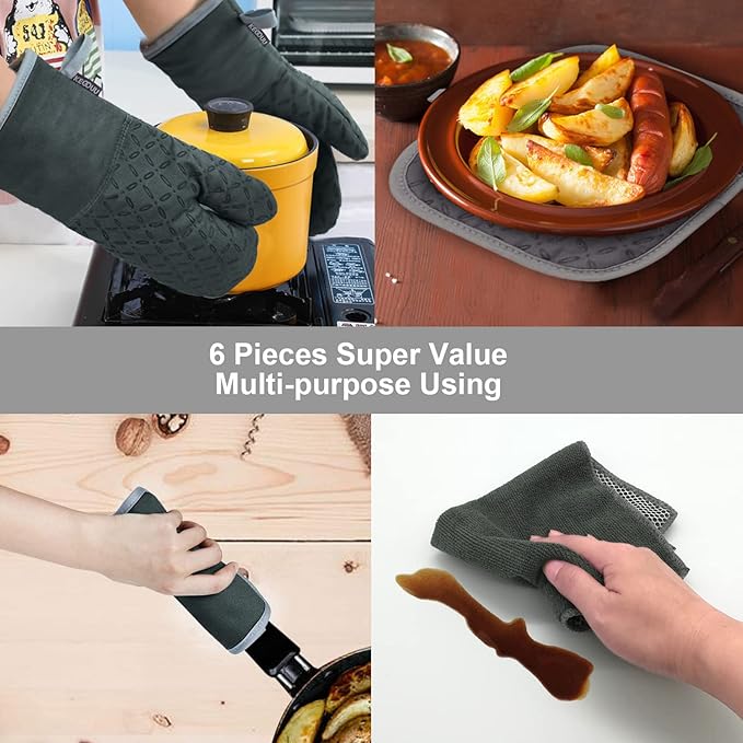 KEGOUU Oven Mitts and Pot Holders 6pcs Set Kitchen Oven Glove High Heat Resistant 500 Degree Extra Long Oven Mitts and Potholder with Non-Slip Silicone Surface for Cooking (Deep Green)