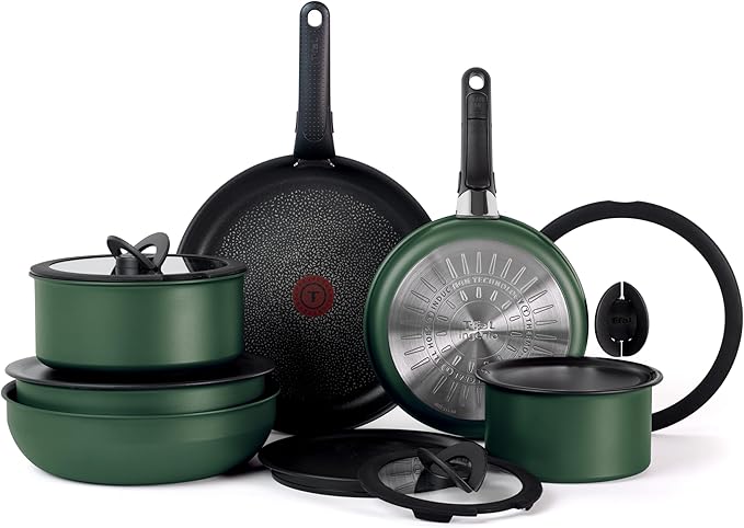 T-fal Ingenio Expertise Non Stick Cookware Set 14 Piece Induction Oven Broiler Safe 500F Cookware Pots and Pans Set RV Camping Frying Pans Dishwasher Safe Detachable/Removable Handle Green