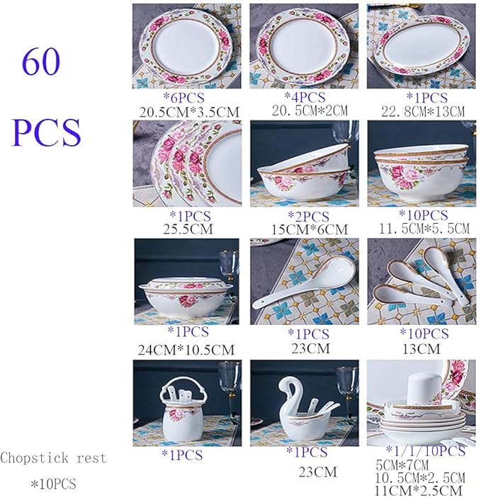 Flower Bone China Tableware Set Porcelain Dishes/Plate/Bowl Dinnerware SetCeramic Dinner SetsFine Dinnerware SetsDishwasher &amp Microwave Safe (B56pcs Service for