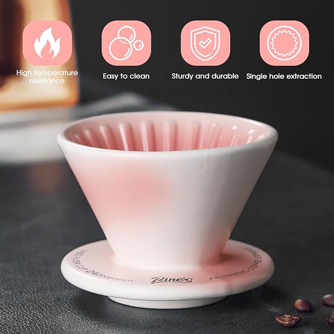 Bincoo Ceramic Coffee Dripper Vertical LinesPour Over Coffee Maker Size 01Manual Pour Over Brew MakerSingle Cups Slow Brewing Accessories (Pink)