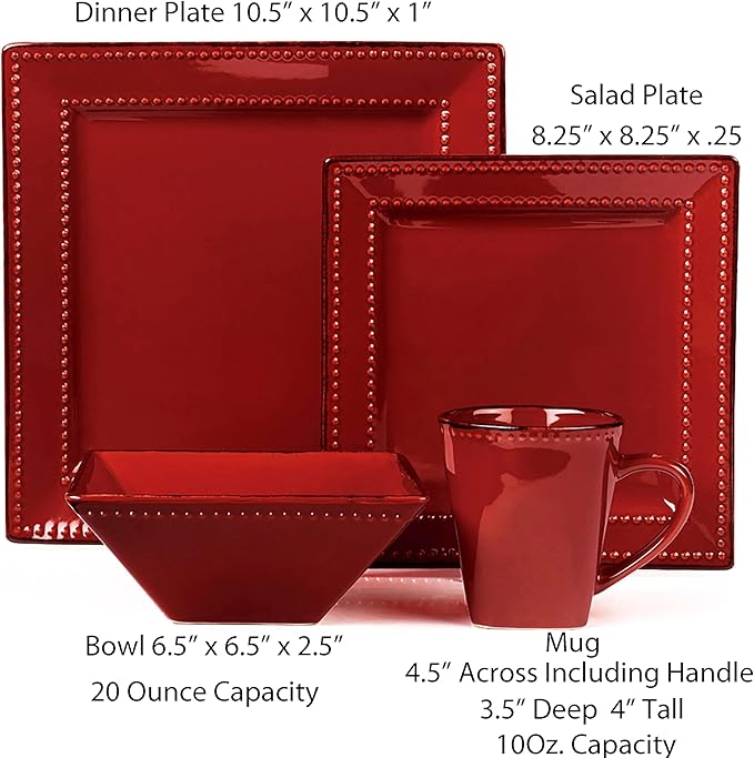 16 Piece Square Beaded Stoneware Dinnerware Set by Lorren Home Trends Red