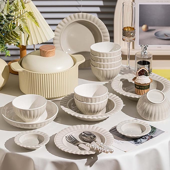 Elegant Ceramic Dinnerware Set High-Grade Gray Plates Bowls and Dishes for Family Use Complete Tableware Set Modern Design Dishwasher &amp Microwave Safe