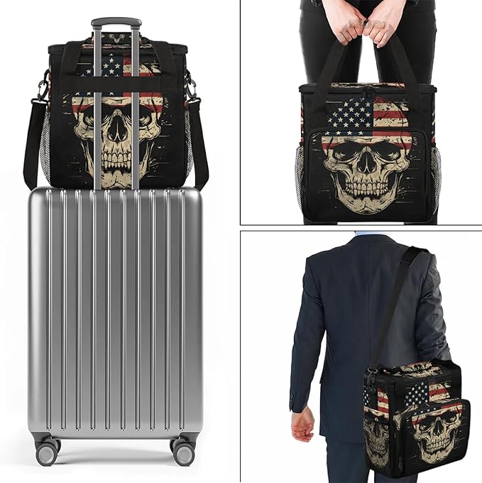 American Flag Skull Travel Coffee Maker Carrying Bag Large Organizer Storage Tote Bag Insulated Reusable Cooler Grocery Bags