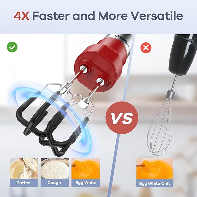 Ganiza Immersion Blender Handheld 6 in 1 Hand Blender Stainless Steel Blade 15 Speed Stick Blenders 800ml Mixing Beaker 600ml Chopper Whisk Frother Potato Masher Red