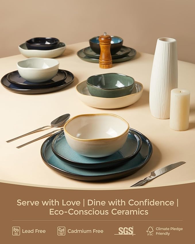24 Pieces Dinnerware Set for 6 with Pasta Bowls Complete Ceramic Dish Set Stackable &amp Glossy Stoneware Plate and Bowl Set for Effortless Everyday Hosting Yellow White