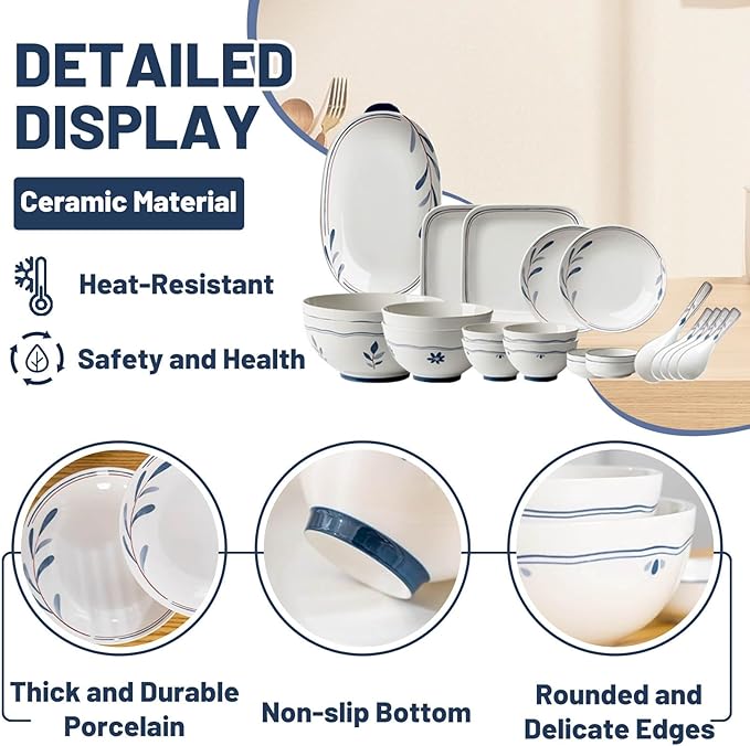 22 Pieces Dinnerware Sets Underglaze Color Process Plates and Bowls Sets Smooth and Easy to Clean Kitchenware Set Reusable Safe and Healthy Thick and Durability Ceramic Non-slip Bottom Service for 4