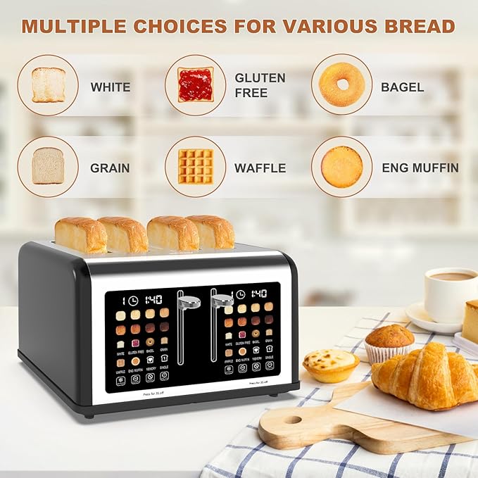 4 Slice Toaster Touch Screen Stainless Steel Toasters Digital Timer Dual Control Panel Toasters 8 Shade Settings 6 Bread Types for Bagel Cancel Defrost 1650W Black