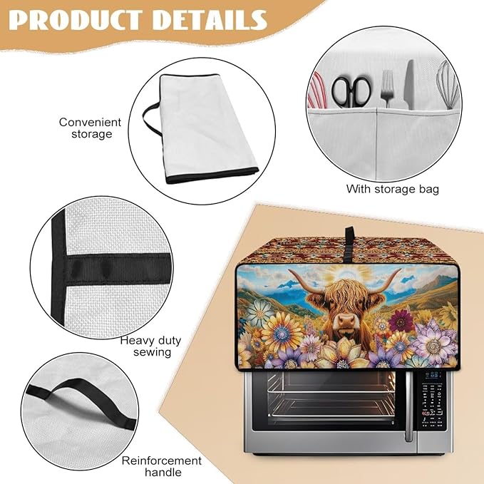Doojoayie Highland Cow Toaster Cover 8 Slice Kitchen Appliance Covers 22.5x18.5x 13 Small Appliance Dust Protector with Top Handle Easy to Storange