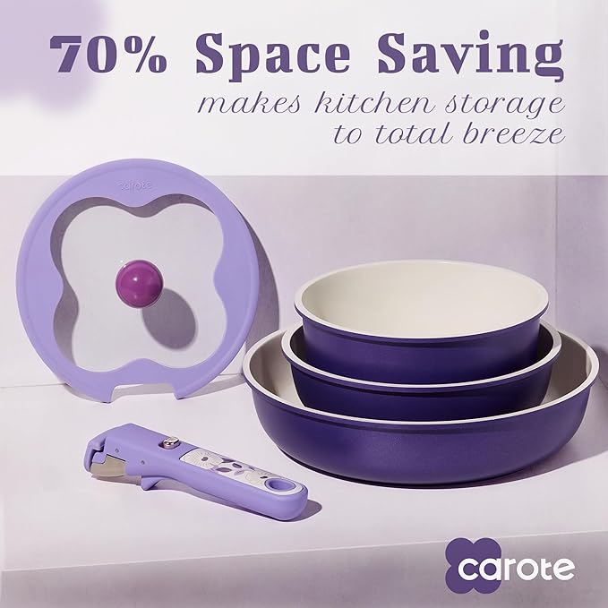 CAROTE 11pcs Ceramic Cookware Set Pots and Pans Set Non stick Induction Kitchen Cookware with Removable Handle RV Dishwasher ＆ Oven Safe RV/Camping Cookware PFOA Free Purple