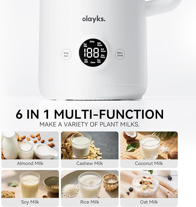 olayks 6 in 1 Automatic Nut Milk Maker Blender 20oz Homemade Soy Milk Maker for Plant-Based Milk Coconut Oat Almond Non-Dairy Beverages with Timer Keep Warm Boil Water Self-Cleaning