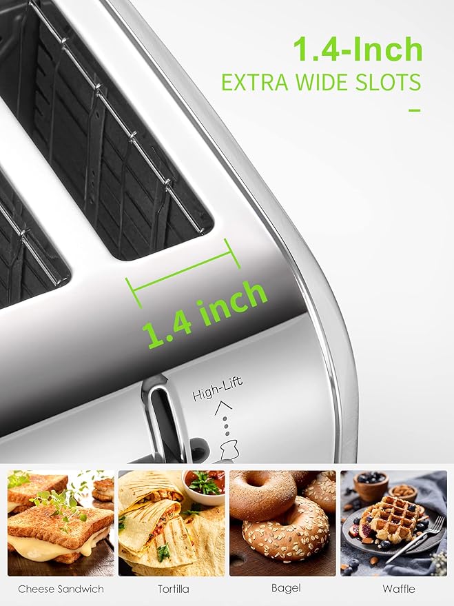 Toaster 4 Slice Extra Wide Slots Stainless Steel with High Lift Lever Bagel and Muffin Function Removal Crumb Tray 7-Shade Settings with Warming Rack Silver Yabano
