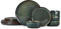 Vesteel Dinnerware Sets for 4 12-Piece Stoneware Dish and Bowls Set Handmade Reactive Glaze Coupe Plates Set for Family Chip &amp Scratch Resistant - Sage Green