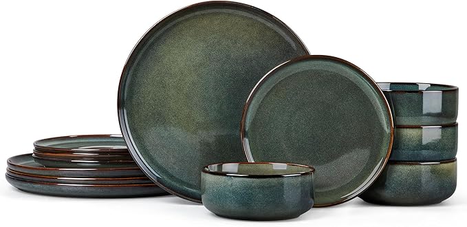 Vesteel Dinnerware Sets for 4 12-Piece Stoneware Dish and Bowls Set Handmade Reactive Glaze Coupe Plates Set for Family Chip &amp Scratch Resistant - Sage Green
