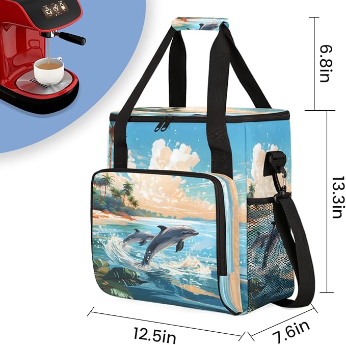 Dolphin Coffee Maker Carrying Bag Coconut tree Portable Travel Storage Tote Bag Compatible with K-Mini or K-Mini Plus Single Serve Coffee Brewer Carrying Case with Multiple Pockets &amp Shoulder St