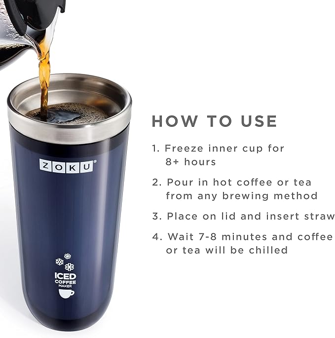 Zoku Instant Iced Coffee Maker Reusable Beverage Chiller Cools Hot Beverages in Minutes Without Dilution Portable 11-ounce Tumbler With Spill-resistant Lid and Straw Grey