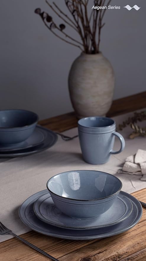 Famiware Aegean 12 Pieces Dinnerware Set + Ocean Espresso Cups with Saucers Set of 4 Microwave and Dishwasher Safe Blue