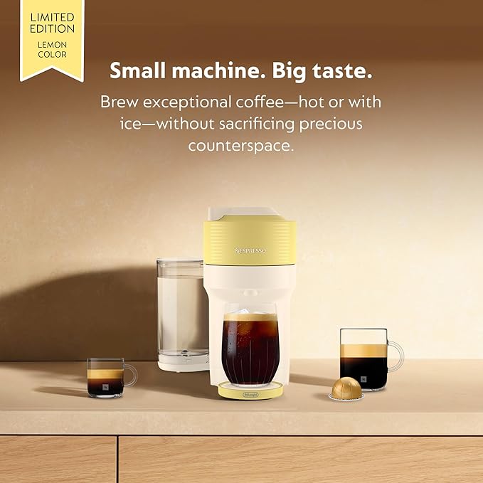 Nespresso Vertuo Pop+ Summer Limited Edition Coffee and Espresso Maker by De'Longhi Pastel Yellow Descaling Kit