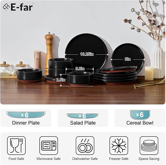 E-far 18-Piece Stoneware Plates and Bowls Sets Dinnerware Sets for 6 Ceramic Dishware Dishes Set with Terracotta Base Chip &amp Scratch Resistant Microwave &amp Dishwasher Safe Matte Black