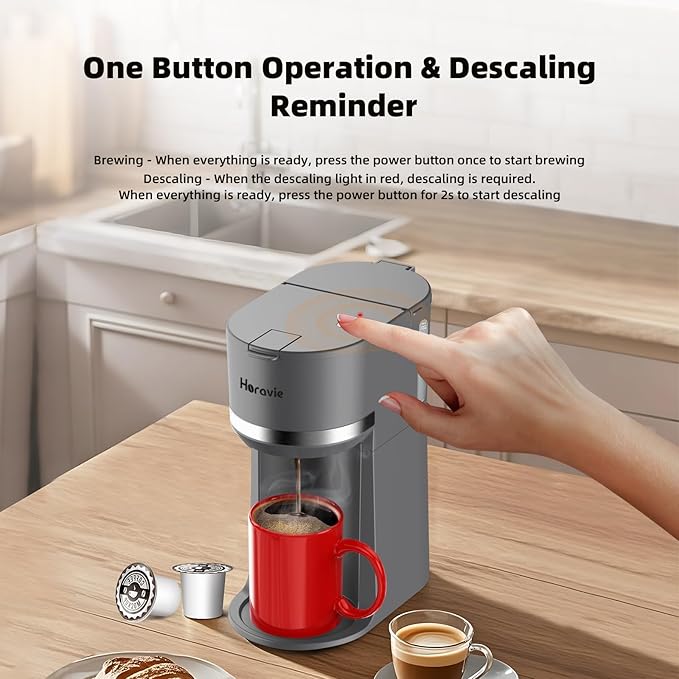 Mini Single Serve Coffee Maker for K Cup Pods and Ground Coffee Fast Brew One Cup Coffee Machine with Descaling Reminder and Water Window 6 to 12 oz. Brew Sizes Gray