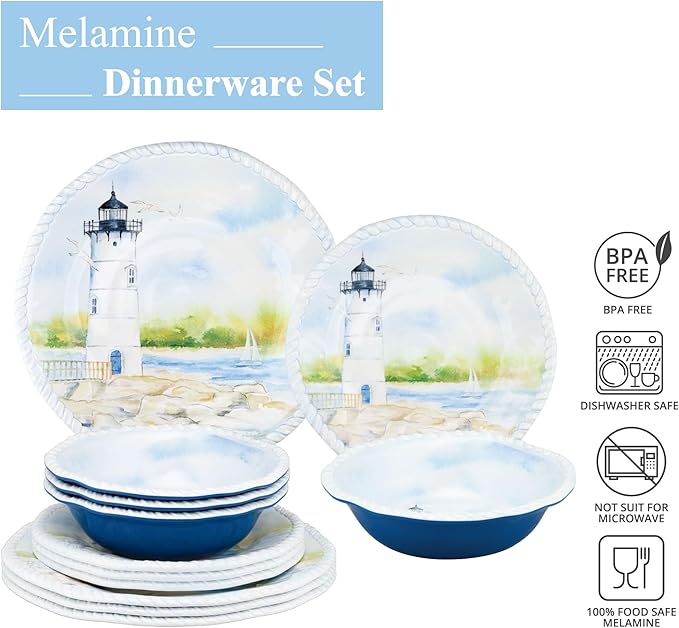 UPware 12 Piece Coastal Lighthouse Melamine Dinnerware Sets Outdoor Dishes Set Plates and Bowls Sets Service for 4 Blue