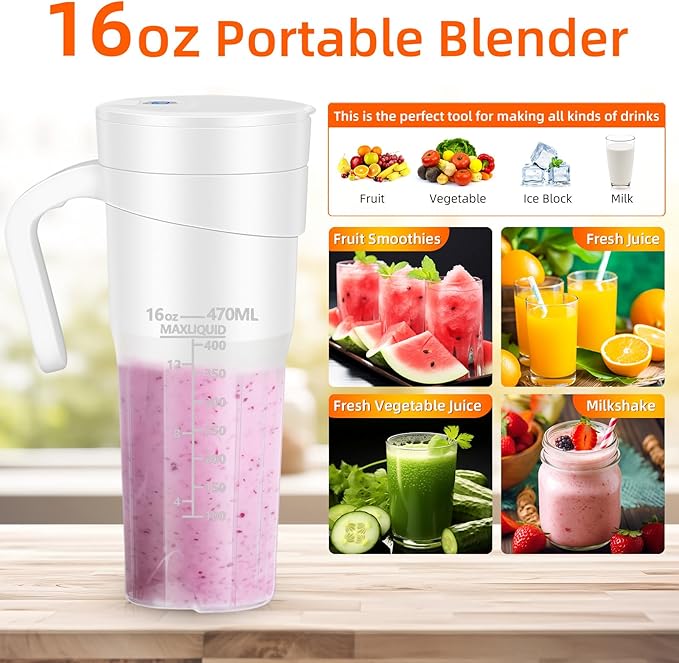 Portable Blender for Shakes and Smoothies: Travel Blender16 Oz Mini Blender with 6 BladesUSB Rechargeablefor Making Fresh Juice Convenient for Travel and Sports