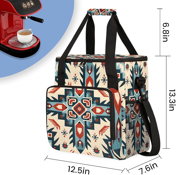 Geometry Flower Coffee Maker Carrying Bag Traditional Aztec Travel Storage Bag Compatible with K-Mini or K-Mini Plus Single Serve Coffee Brewer Carrying Case with Multiple Pockets &amp Shoulder Str