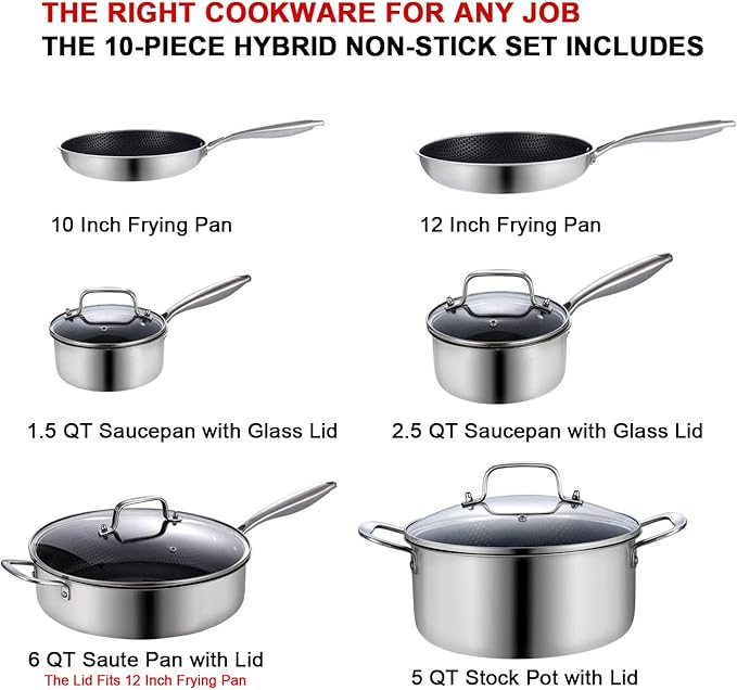 LOLYKITCH Frying Pan Set Nonstick 10 Pieces Stainless Steel Cookware Set Skillet with Detachable Handle Induction &amp Oven Safe Professional Non-Toxic PFOA Free Pans for Everyday Cooking