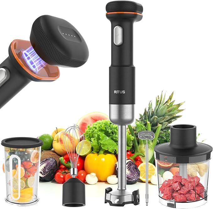 Cordless Stick Immersion Blender 5-in-1 Ritus 13000RPM Soup Blender Rechargeable Handheld Mixer For Baby Food &amp Smoothies Variable Speed Dishwasher-Safe Mixing Beaker Chopper Whisk Milk Frot