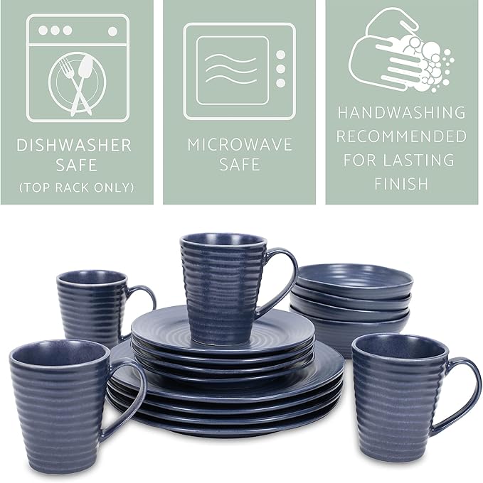 Elanze Designs Charming Chic Ribbed Modern Thrown Pottery Look Ceramic Stoneware Plate Platter Mug &amp Bowl Kitchen Dish Dinnerware 16 Piece Set - Service for 4 Navy Royal Blue