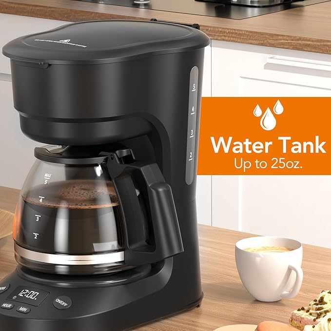 5-Cup Programmable Drip Coffee Maker a compact coffee machine with a digital clock and 24-hour programmable timer featuring Auto Shut-Off and a Removable Filter Basket for Home &amp Office.
