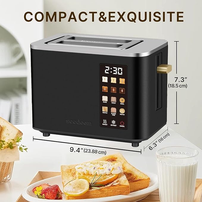 2-Slice Toaster with Touch Control 6 Shade Settings &amp 6 Bread Type 900W Removable Crumb Tray Countdown Display Smart Stainless Steel Design Black