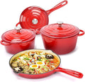 Hisencn Enameled Cast Iron Cookware Set - 7 Piece Dutch Ovens Set Sauce Pan Skillet 3 Lids Pots and Pans Set Ceramic Coated Cast Iron Heavy Duty Gas/Induction Compatible PFA Free Rouge Red