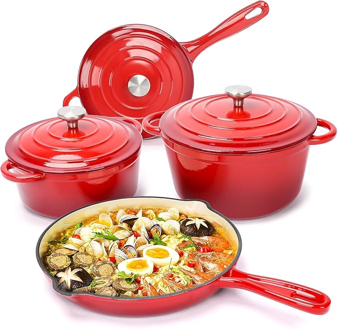 Hisencn Enameled Cast Iron Cookware Set - 7 Piece Dutch Ovens Set Sauce Pan Skillet 3 Lids Pots and Pans Set Ceramic Coated Cast Iron Heavy Duty Gas/Induction Compatible PFA Free Rouge Red